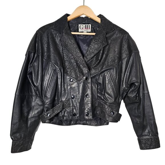 80s G-III Black‎ Moto Biker Jacket Copped Leather Adjustable Snake Snap Womens S - Picture 1 of 12